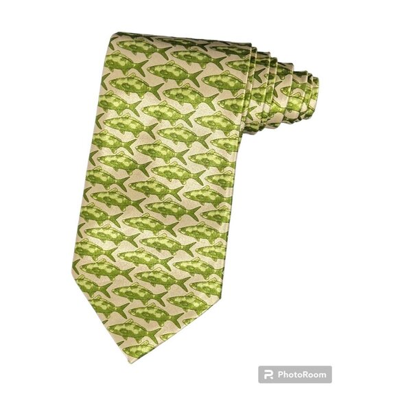 Fishing Fish Necktie Mens Green Gold Fathers Day Dad Pisces Wedding Tie Outdoors - Picture 6 of 11